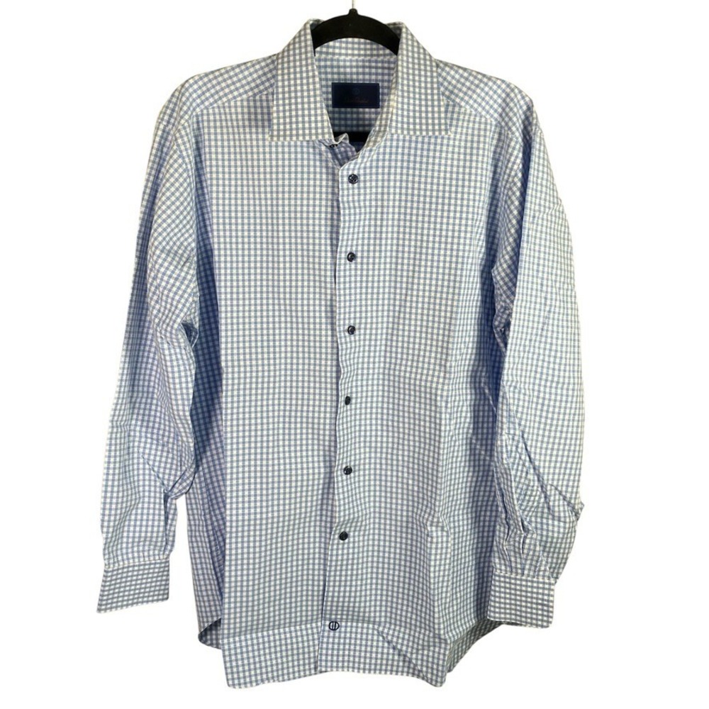 David Donahue Mens Dress Shirt Blue Checkered Long Sleeve‎ 16.5 34/35